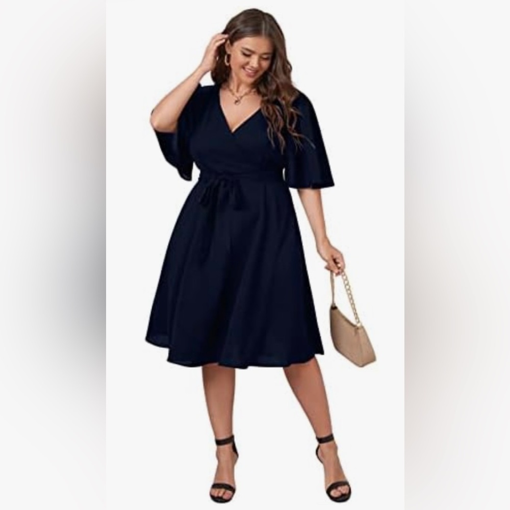 🩷. 543.   Women’s Navy Blue Wrap V-Neck Fit-and-Flare Midi Dress